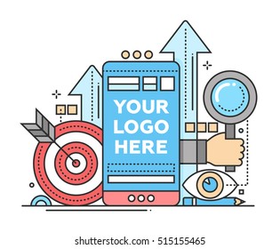 Marketing - vector modern flat design illustration with copyspace for Your Logo. Mobile device, hand with magnifying glass, darts