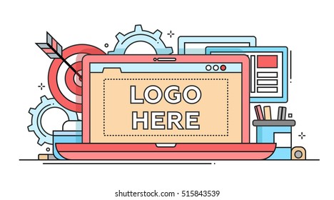 Marketing - vector modern flat design illustration with with copyspace for Your Logo. Laptop, work place, darts