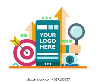 Marketing - vector modern flat design illustration with copyspace for Your Logo. Mobile device, hand with magnifying glass, darts