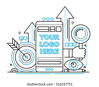 Marketing - vector modern line design illustration with copyspace for Your Logo. Mobile device, hand with magnifying glass, darts