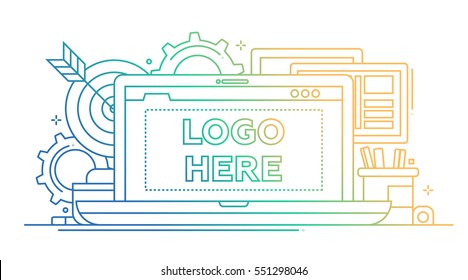 Marketing - vector modern line design illustration with with copyspace for Your Logo. Laptop, work place, darts - color gradient