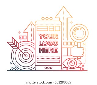 Marketing - vector modern line design illustration with copyspace for Your Logo. Mobile device, hand with magnifying glass, darts - color gradient