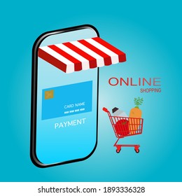 Online-Marketing-Vektorgrafik auf Handy Digital-Marketing-Konzept Online-Shopping auf dem blauen Hintergrund flach Design.