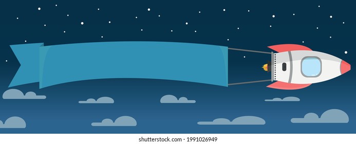 A marketing vector of a rocket with a horizontal banner for free writing in a beautiful universe background. Write anything you wish in the banner pulled by the rocket. 