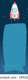 A marketing vector of a rocket with a vertical banner for free writing in a beautiful universe background. Write anything you wish in the banner pulled by the rocket. 