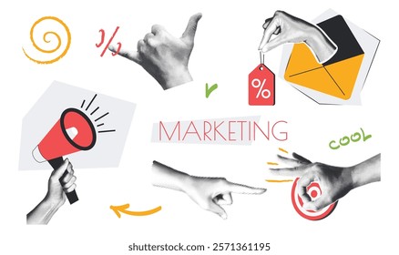 Marketing vintage collage conception set in retro halftone design. Collection with hands holding loudspeaker, targeting, doing email promo announcement with discount coupons. Vector illustration.