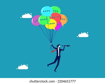Marketing vision. Businessman looks into binoculars and floats with speech bubble balloons