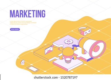 Marketing web banner concept. Creative design template with Isometric objects. Analytics, content, online, community and more. Flat vector illustration EPS 10