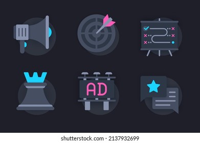 Marketing web concept of 3d paper icons set. Pack flat pictograms of online business promotion, success strategy, goal achievement and targeting, advertising. Vector elements for website in dark style
