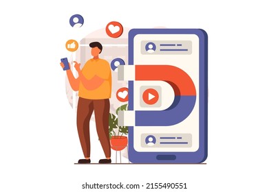 Marketing web concept in flat design. Man blogger making advertising content, sending promo emails, using viral videos and attracting audience with magnet. Vector illustration with people scene