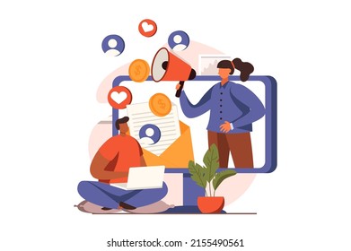 Marketing web concept in flat design. Woman holding megaphone, making advertising and attracting clients. Man using social media and sees promo content in emails. Vector illustration with people scene