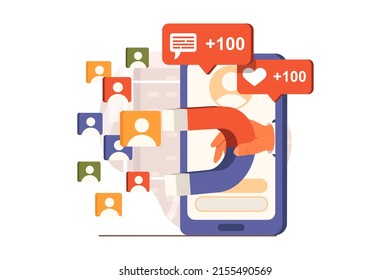 Diseño web de marketing en diseño plano. La mano humana sostiene imán y atrae a nuevos clientes en los medios sociales. Marketing y promoción digital en aplicaciones móviles. Ilustración vectorial con escena de personas