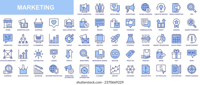 Marketing web icons set in blue line design. Pack of social media, advertising, global business, seo, viral content, online shopping, review, sale, feedback and other. Vector outline stroke pictograms