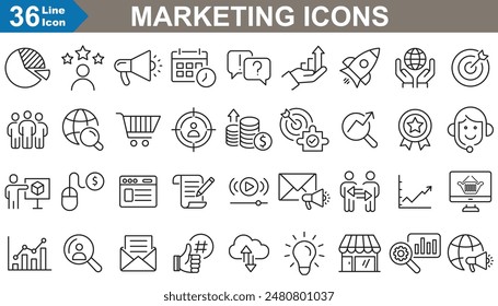 Marketing web iconos conjunto de colección. comercio electrónico, seo, análisis, contenido, crecimiento, producto, influencias y redes sociales. Ilustración vectorial perfecta