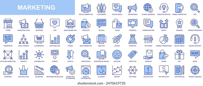 Marketing web icons set in duotone outline stroke design. Pack pictograms with advertising, global business, seo, shopping, review, profit, ranking, market research, earnings. Vector illustration.