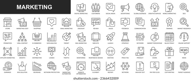 Marketing web icons set in thin line design. Pack of social media, advertising, global business, seo, viral content, online shopping, review, sale, feedback and other. Vector outline stroke pictograms