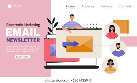 Marketing web page template for Email and Newsletter showing send icon on laptop screen and people recipients, colored vector illustration