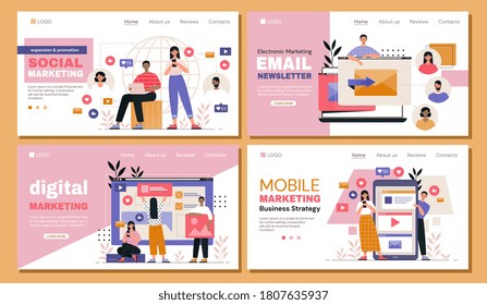 Marketing web page template set with 4 different designs for social media, email, digital and mobile, colored vector illustration