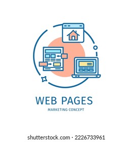 Página Web de marketing Concepto de icono de línea delgada Incluir plantilla de ventana de navegador con burbuja de voz . Ilustración del vector