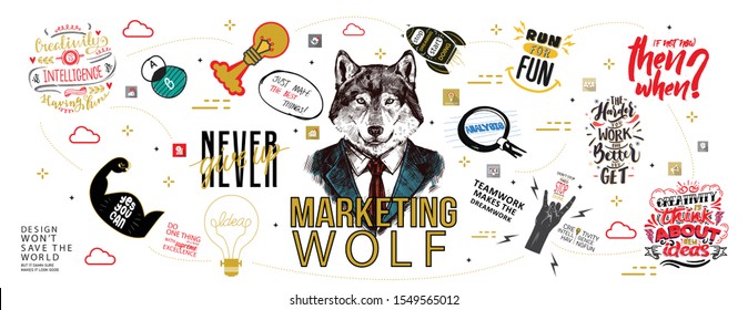 Marketing wolf Vector creative illustration of idea word lettering typography with line icons and tag cloud on white background. Creative idea concept. Thin line art style design for business idea the