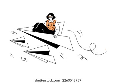 Marketing with Woman Character Flying on Paper Plane Vector Illustration