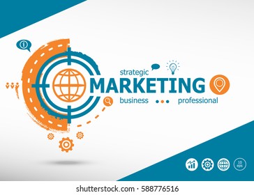 Marketing word cloud and marketing concept on target icon background. Flat illustration. Infographic business for graphic or web design layout 