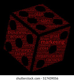 Marketing word cloud on a black background.  