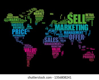 Marketing word cloud in shape of World Map, business concept background