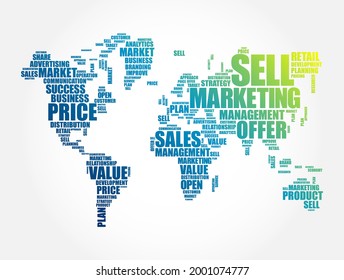 Marketing word cloud in shape of World Map, business concept background