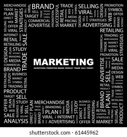 MARKETING. Word collage on black background. Illustration with different association terms.