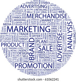 MARKETING. Word collage on white background. Illustration with different association terms.