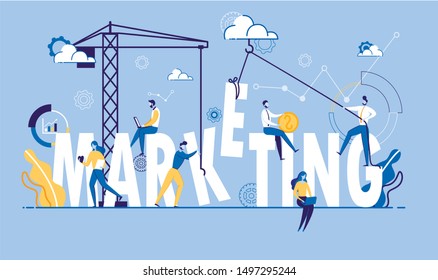 Marketing Word Lettering Typography Flat Cartoon Vector Illustration. People Sitting on Letters with Coins and Laptop Device. Crane Moving Word Piece. Man Standing with Fishing Rod.