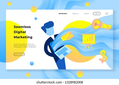 marketing work carried out by the man must explain the product to the consumer - All elements on this template are editable with vector software