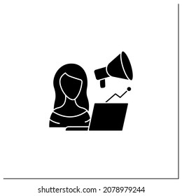 Marketologist glyph icon. Sales specialist. Goods and services promotion. Girl works on a laptop. Workplace. Freelance professions concept.Filled flat sign. Isolated silhouette vector illustration