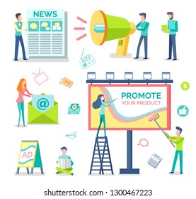 Marketologists, print adverts and outdoor advertising isolated objects vector. Newspaper and megaphone, newsletter and roadside billboard, street banners