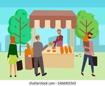Marketplace with baguette, loaf and pastry products. Baker retail outdoor, cart with bread in park, business sale of bakery food, shopping outdoor vector. Flat cartoon