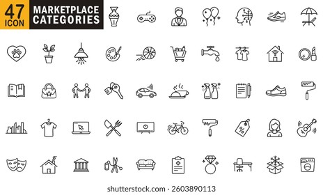 Marketplace Categories editable outline icon set. Electronics, fashion, clothing, accessories, footwear, beauty, cosmetics and more.