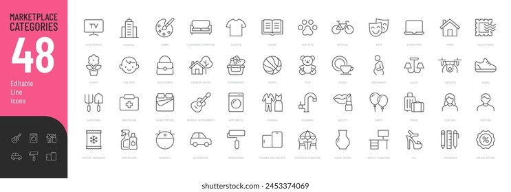 Marketplace-Kategorien Zeile Editierbare Symbole gesetzt. Vektorillustration im modernen dünnen Linienstil von E-Commerce-bezogenen Icons: Haushaltswaren, Elektronik und Haushaltsgeräte, Bekleidung und mehr. 