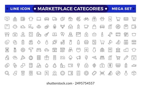 Marketplace-Kategorien Gliederungssymbole festgelegt. Vektorillustration im modernen dünnen Linienstil von E-Commerce-bezogenen Icons: Haushaltswaren, Elektronik und Haushaltsgeräte, Bekleidung und mehr.
