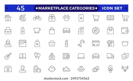 Marketplace-Kategorien Gliederungssymbole festgelegt. Vektorillustration im modernen dünnen Linienstil von E-Commerce-bezogenen Icons: Haushaltswaren, Elektronik und Haushaltsgeräte, Bekleidung und mehr.
