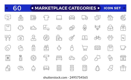 Conjunto de iconos de esquema de Categorías de Marketplace. Ilustración vectorial en el estilo moderno de la línea delgada de los iconos relacionados con el comercio electrónico: artículos para el hogar, electrónica y electrodomésticos, ropa, y más.
