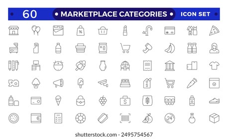 Marketplace Categories outline Icons set. Vector illustration in modern thin line style of e-commerce related icons: household goods, electronics and household appliances, clothing, and more.
