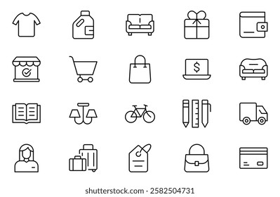 Marketplace Categories outline Icons set. Vector illustration in modern thin line style of e-commerce related icons: household goods, electronics and household appliances, clothing, and more.