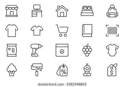 Marketplace Categories outline Icons set. Vector illustration in modern thin line style of e-commerce related icons: household goods, electronics and household appliances, clothing, and more.