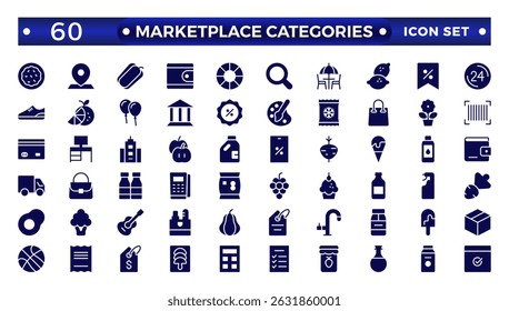 Marketplace Categories solid icons collection. Vector illustration in modern thin line style of e-commerce related icons: household goods, electronics and household appliances, clothing, and more.