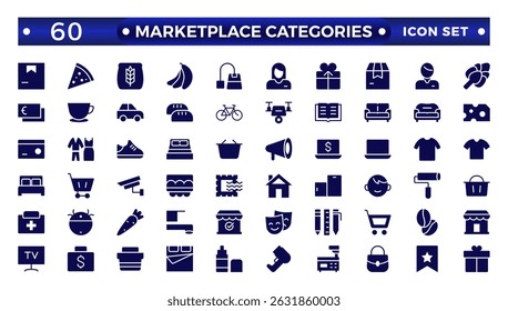 Marketplace Categories solid icons collection. Vector illustration in modern thin line style of e-commerce related icons: household goods, electronics and household appliances, clothing, and more.