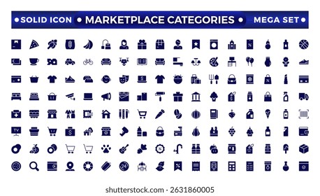 Marketplace Categories solid icons collection. Vector illustration in modern thin line style of e-commerce related icons: household goods, electronics and household appliances, clothing, and more.