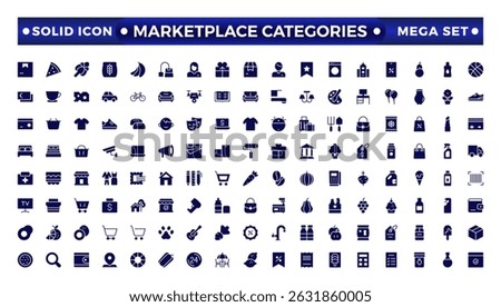 Marketplace Categories solid icons collection. Vector illustration in modern thin line style of e-commerce related icons: household goods, electronics and household appliances, clothing, and more.