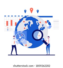 Marketplace concept with character. Businesspeople searching market place. Data analysis, business analytics, marketing metrics. Modern flat illustration for landing page, infographics, hero images.