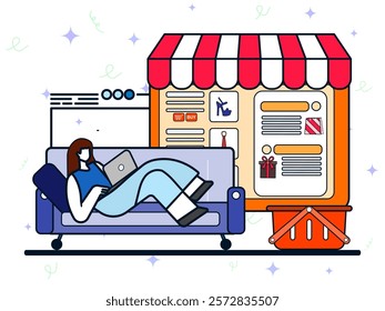Marketplace concept. A woman relaxes on a sofa with a laptop, browsing an online shopping platform. The storefront displays products and shopping options, symbolizing e-commerce and digital retail.